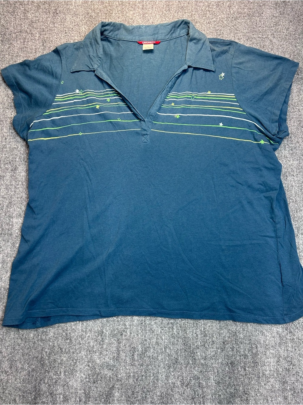 UNIONBAY Y2K Vintage Teal Short-Sleeve Polo with Stars and Lime Stripe Accents